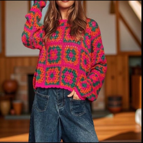 Patch Work Sweater Crochet Sweater / Boho Sweater Davi & Dani NWT Oversized - Picture 11 of 11